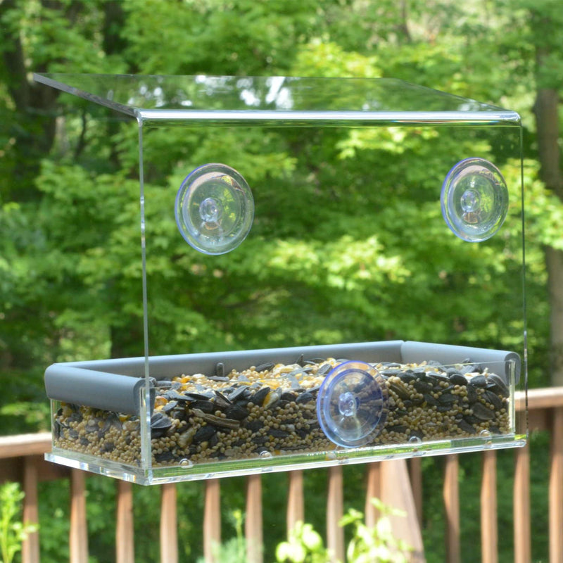 PetFusion Tranquility Window Bird Feeder in Premium Lucite Acrylic. (I) Removable Tray, (II) 3 Perches, Clear